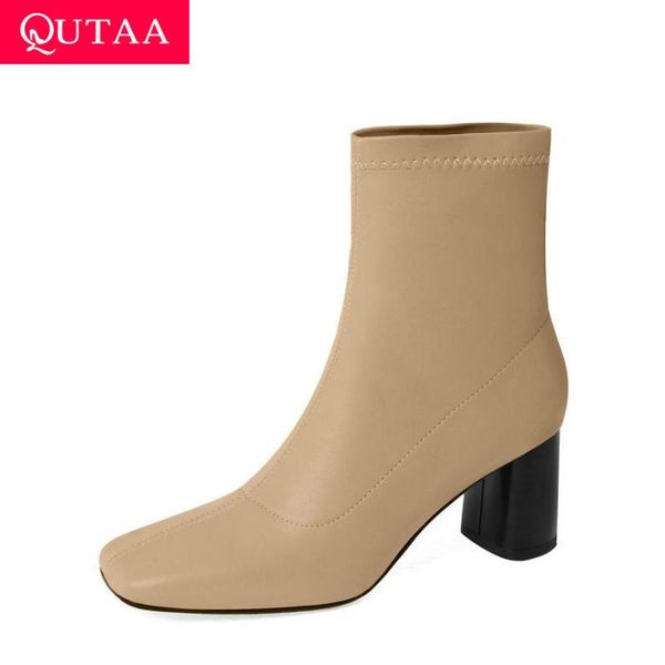 

qutaa 2021 ботильоны площади toe кожа pu скольжения на женщин обувь fashion square high heel осень зима короткие сапоги размер 34-39, Black