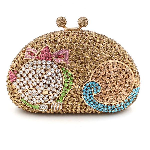 

fashion gold/champagne/green rhinestone gemstone ladies dinner purse pink crystal hollow out cat women evening bag clutch party handbags