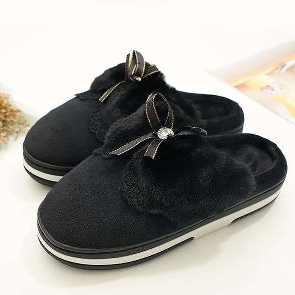 

women warm plush slippers winter fluffy home shoes ladies lace bowtie fashion non slip woman house indoor footwear female, Black