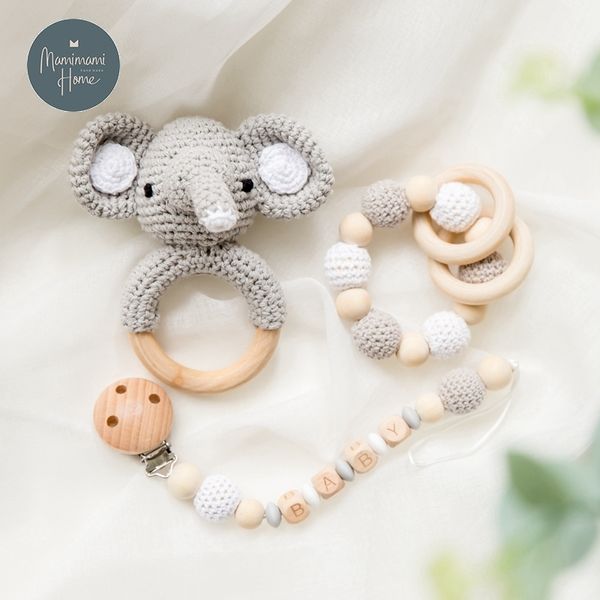 Häkeln Amigurumi Elefant Eule Rassel Glocke Baby Spielzeug Benutzerdefinierte Neugeborenen Schnuller Clip Montessori Spielzeug Pädagogische Kinder Waren LJ201124