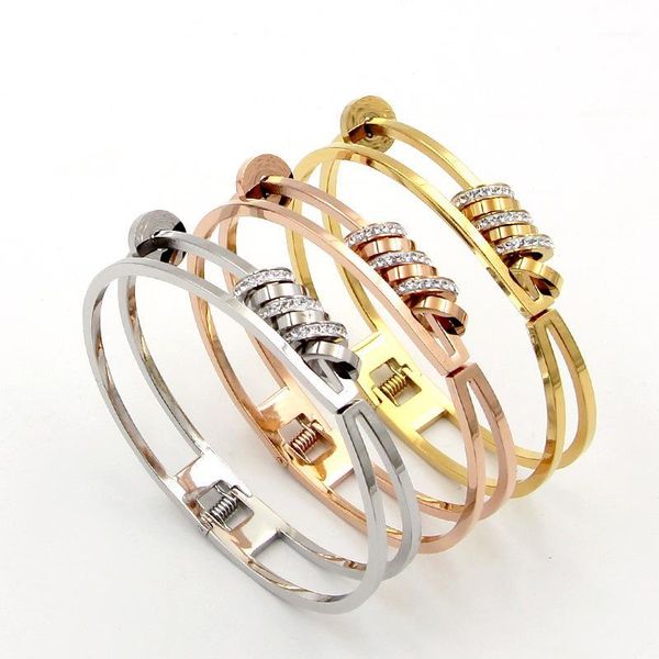 

bangle fashion stainless steel better crystal 7 round circle hollow spring bracelet rose gold color female woman party gift1, Black