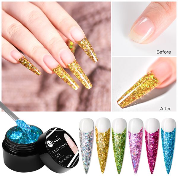 

mtssii 8ml shiny glitter poly extension uv gel polish holographic sequins builder uv gel finger extend nail art tips varnish, Red;pink
