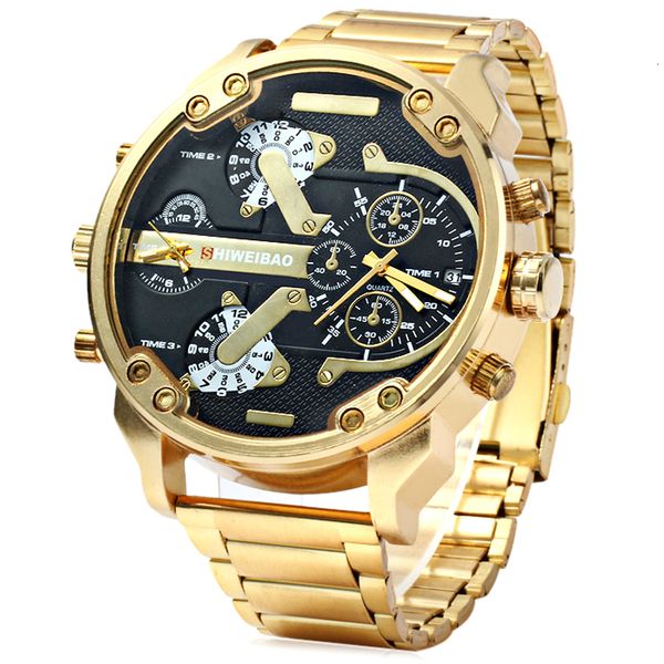 

big watch men luxury golden steel watchband men's quartz watches dual time zone military relogio masculino casual clock man xfcs