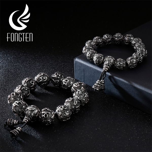 

fongten retro beads bracelet men stainless steel black blessing charm friendship men's bracelets bangle accessories jewelry y201007, Golden;silver