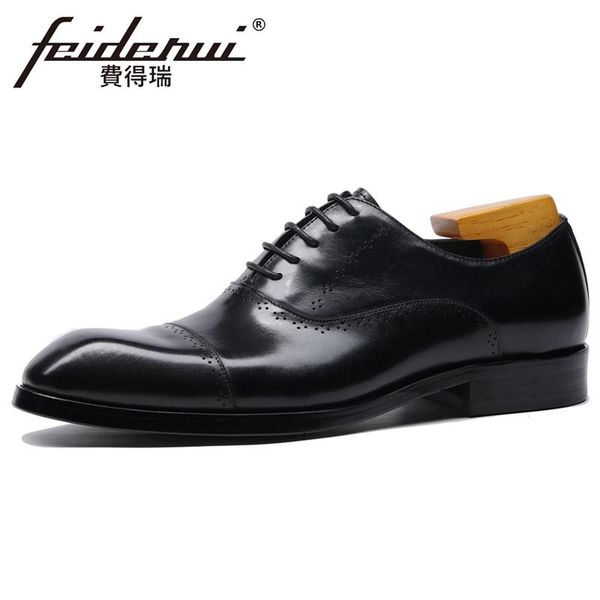 

elegant genuine leather men's laces welted oxfords square toe man wedding party flats formal dress cap toe brogue shoes bql242, Black
