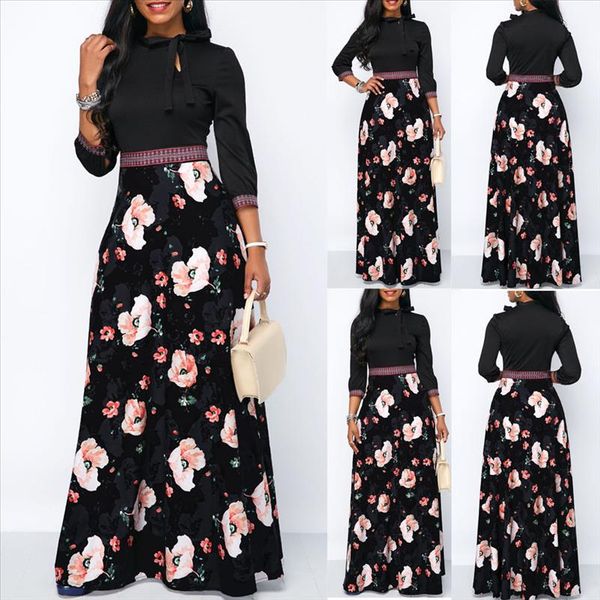 

skirts 2021 new brand women long sleeve autumn patchwork print floral boho long maxi skirts ladies casual, Black
