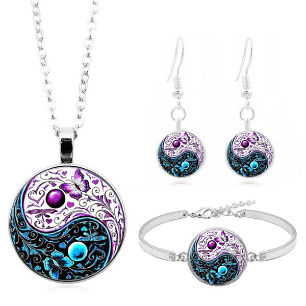 

fashion yin and yang taiji time necklace set bracelet earrings jewelry set, Silver