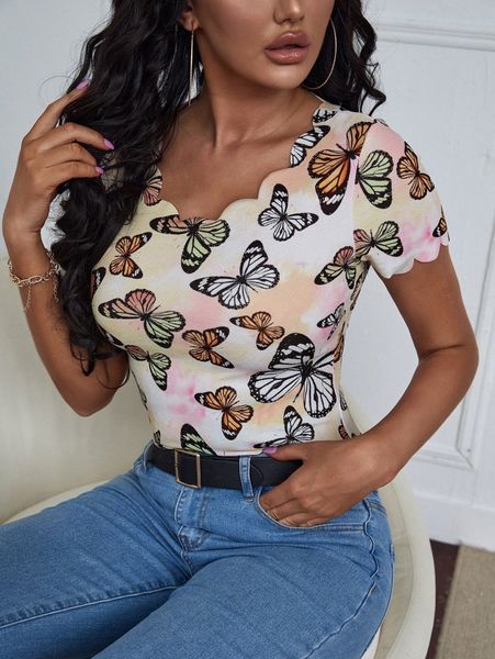 

butterfly print tie dye scallop trim tee b2ua#, White