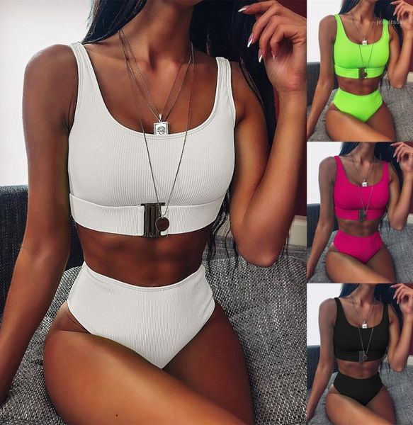 

women's swimwear 2021 bikini selling high waist pure color sunken stripe swimsuit split release buckle1, White;black