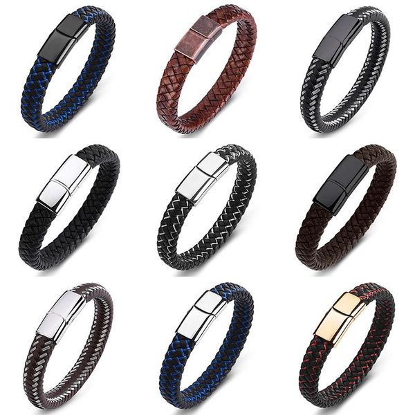 

charm bracelets bracelet men fashion jewelry braided leather handmade trendy stainless steel clasp punk male wrist band, Golden;silver