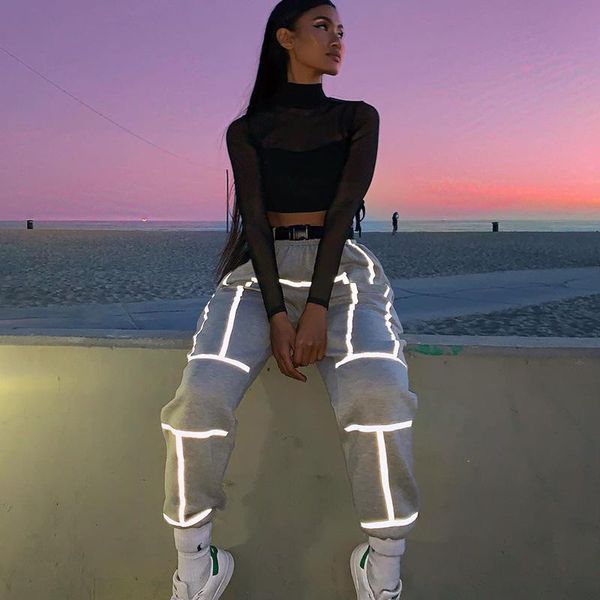 

women's autumn and winter new reflective stripe leggings casual sports pants cargo pants trousers women, Black;white