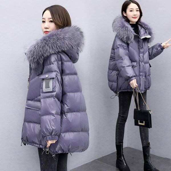 

autumn and winter new style loose large size big fur collar bread jacket thick padded jacket bright face down padded1, Black