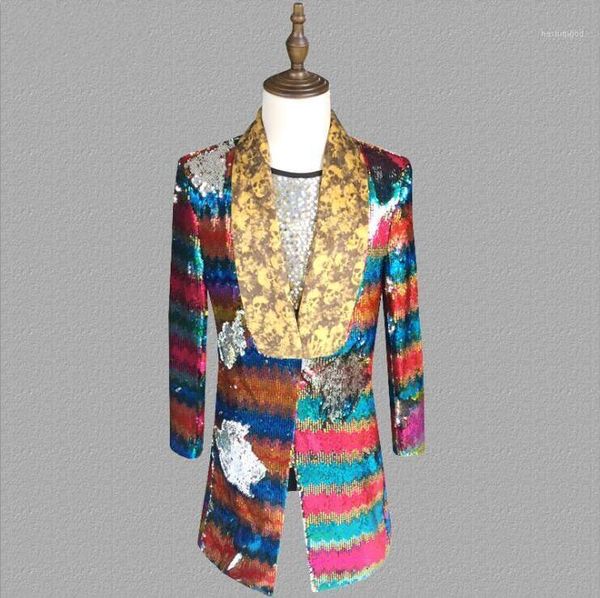 

new sequined dress men's fashion stage long suit jackets nightclub bar dj men suits male singer personality trend costume1, White;black