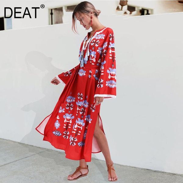 

deat 2020 new v-neck flare sleeves printed tassels waist blets loose vacation beach dresses female wf96803l1, Black;gray