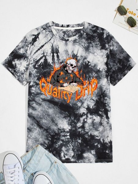 

men skeleton and fire print tie dye tee g5w2#, White;black