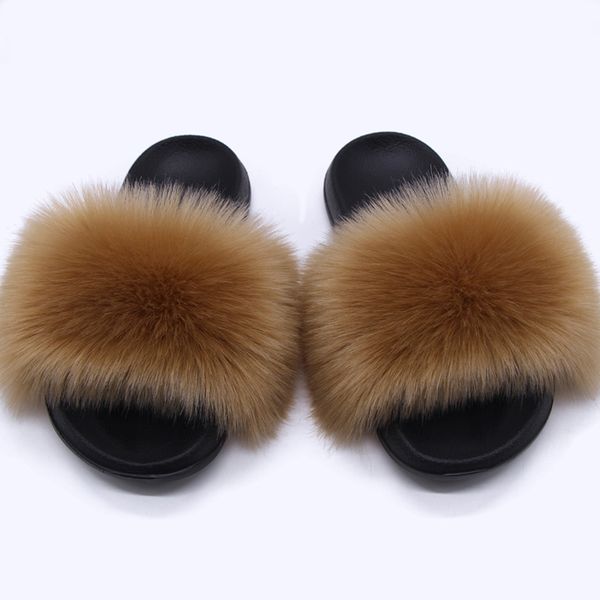 

women furry fur outdoor sandals multiple color fluffy faux fox fur slippers new flip flops cute plush home slippers x1020, Black