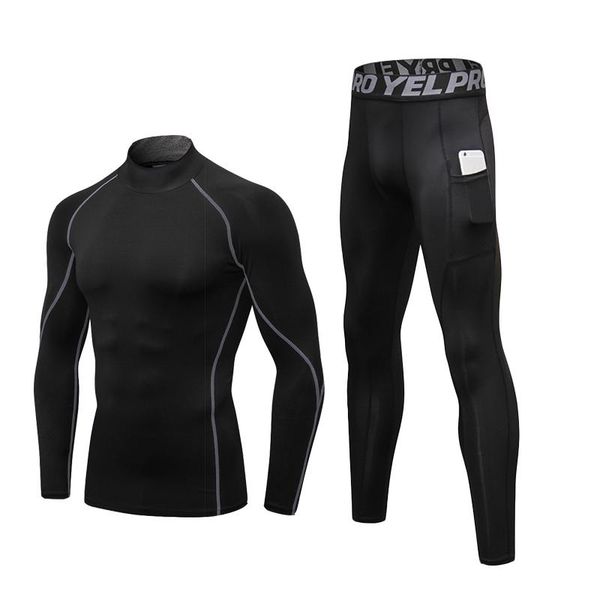 

running sets thermal underwear men high collar winter long johns thermo compression sweat quick drying clothing, Black;blue
