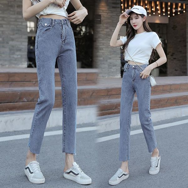 

new high waist jeans for women summer will bounce straight pipe trunks korean version was thin nine points ladies jeans1, Blue