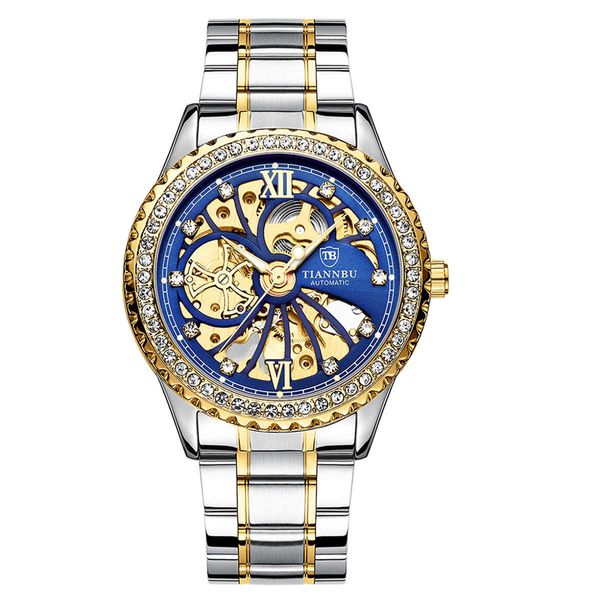 

diamond set automatic mechanical watch mens luminous waterproof stainless steel hollow mens watch, Slivery;brown