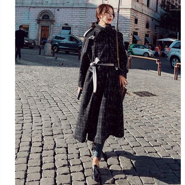 

ladie woolen jacket women 2020 winter new loose and popular plaid french hepburn style over the knee coat fashion elegant jacket1, Black