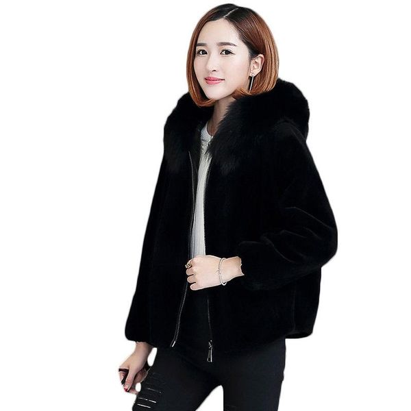 

imitation sheep shearing hooded coat short korean 2020 autumn winter new imitation fur collar zipper fur jacket female lq307, Black