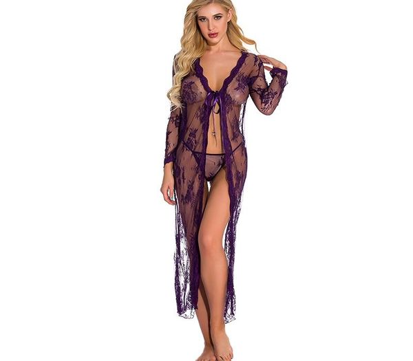 

lingerie for women long lace kimono robe eyelash babydoll sheer cover up dress with satin99, Black;red