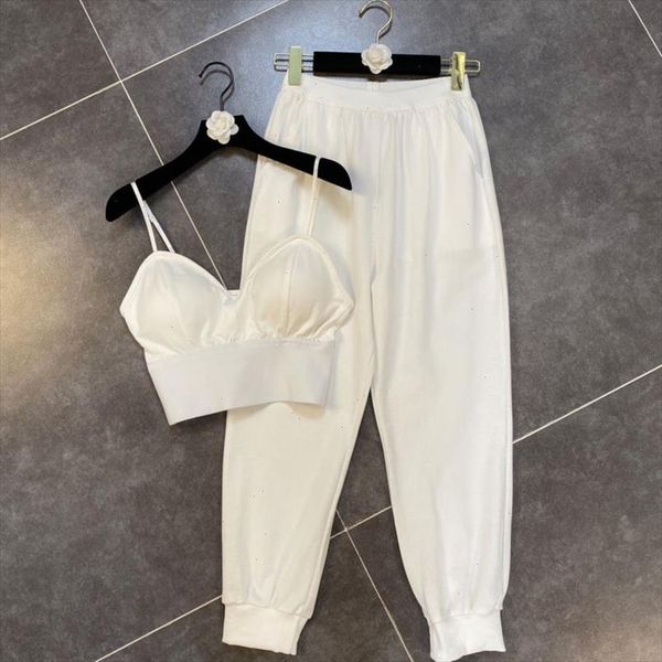 

2021 new summer fashion casual stapless hollow out vest high waist long pants two piece set women outfits sd020, Gray