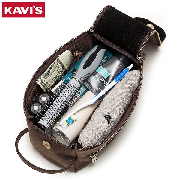 

kavis genuine leather men's cosmetic bag crazy horse travel toiletry bag vintage man's make up handbag quality wash bags