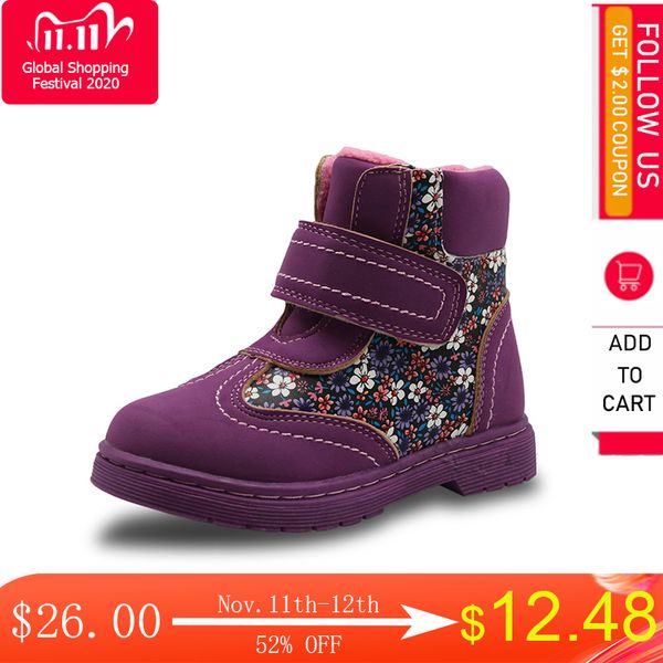 

apakowa winter autumn floral children' shoes warm short plush comfy kids pu leather martin boots for toddler girls, Black;grey