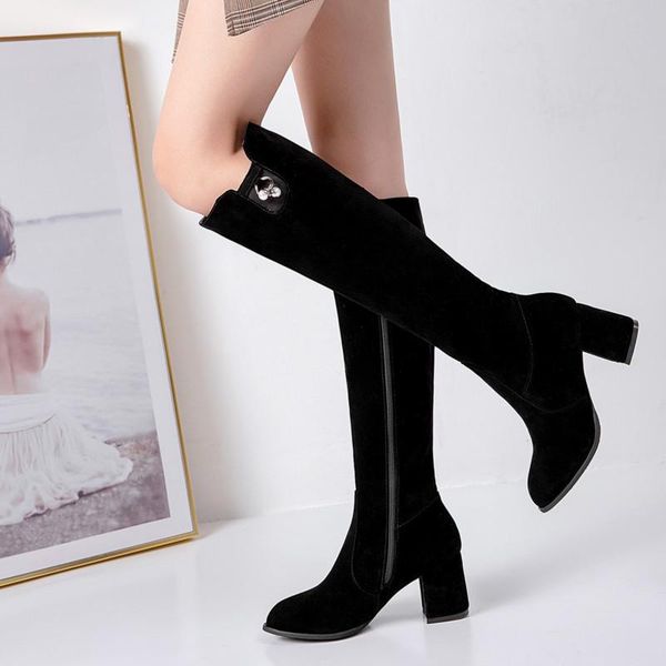 

boots ymechic suede high heel women botas the knee thigh rhinestone zipper long shoes altas mujer size 34-43 2021, Black
