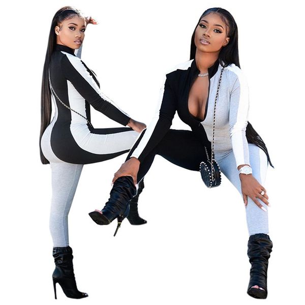 

black white gray panelled womens designer jumpsuits slim long sleeve long pants womens jumpsuits casual females clothing with zipper