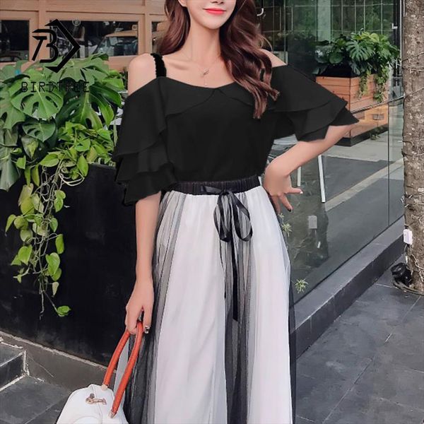 

элегантный женщин рябить sling tops casual mesh drawstring талии mid длинная юбка 2 piece set 2020 летний костюм s01118m, Gray