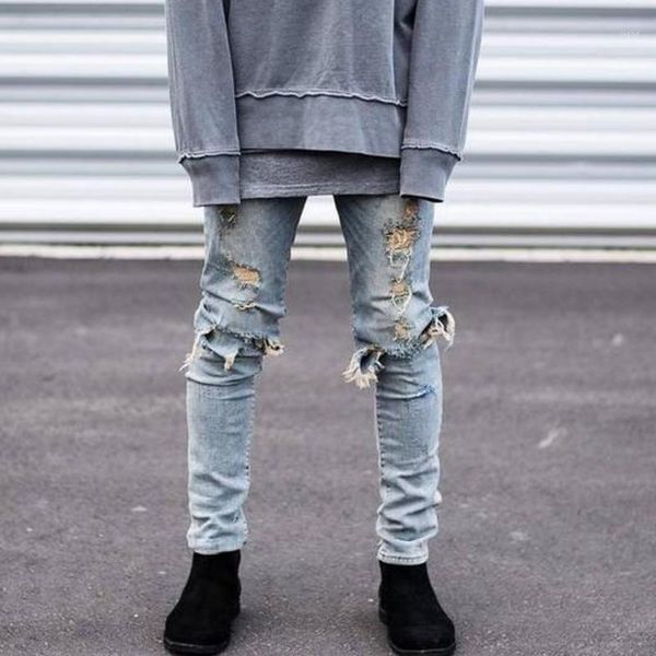 

men's jeans splicing hole pencil pants male vintage ripped punk style jeans male streth cowboy lightweight 514121, Blue