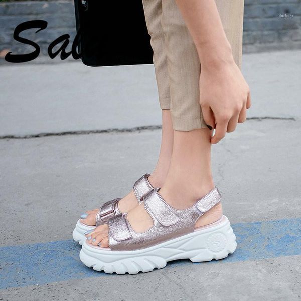 

salu fashion platform women sandals 2021 kid leather party casual shoes pink silver round toe shoes woman1, Black