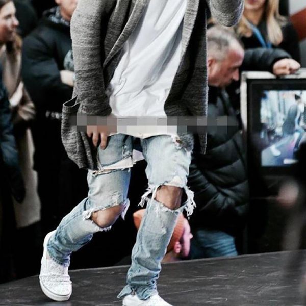 

europe and america high street hole damage jeans straight pants tide male large size denim big hole pants feet with zipper 201111, Blue