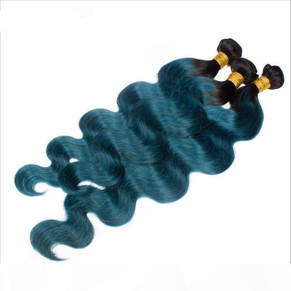 

t1b green teal ombre peruvian 3bundles with closure dark roots two tone virgin hair with closure body wave wavy ombre hair with closure, Black