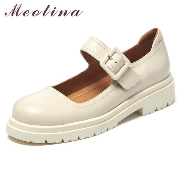

meotina genuine leather platform mid heel pumps round toe mary janes shoes buckle strap thick heels dress footwear beige spring, Black