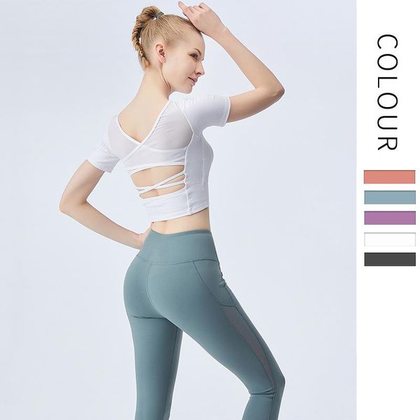 

gym clothing seamless underwear women's yoga cross solid color casual nylon short sleeve sports running workout fitness sportswear, White;black