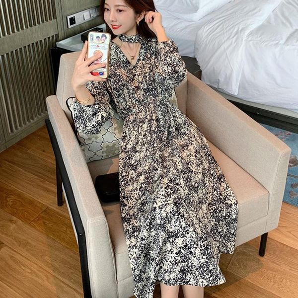 

vintage print holiday boho dress women long sleeve robe femme autumn beach sundress korean ladies fashion long dress vestidos, Black;gray