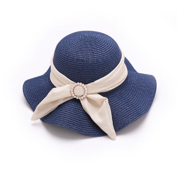 

new sunshade straw hat bow pearl holiday beach foldable sun sun basin hat, Blue;gray