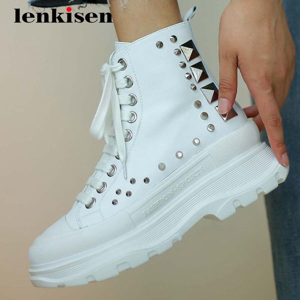 

lenkisen sports boots genuine leather rivets decorations platform thick high heel round toe lace up energy lady ankle boots l17, Black