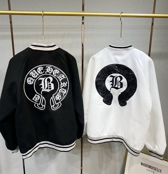 

ch chaopai sanskrit letter horseshoe print with leather embroidery woolen and cotton padded thickened baseball jacket, woman, Black