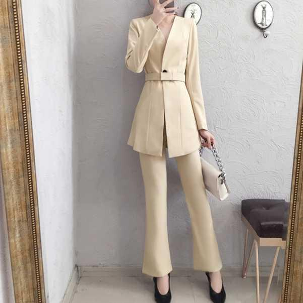 

women's two piece pants women pant suits female spring and autumn high end british style blazers + wide leg two-piece suit aq5081, White