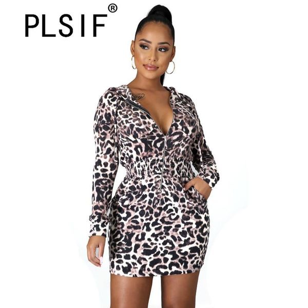 

casual dresses spring v neck leopard print mini dress hoodies sheath party club bodycon female vestidos, Black;gray