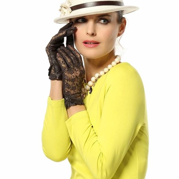 

five fingers gloves fashion women wrist lace sheepskin glove solid genuine leather dressing sunscreen driving unlined g-411, Blue;gray