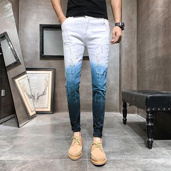 

2020 new men's color matching jeans fashion boutique stretch casual men's jeans hole pants summer slim straight trousers1, Blue
