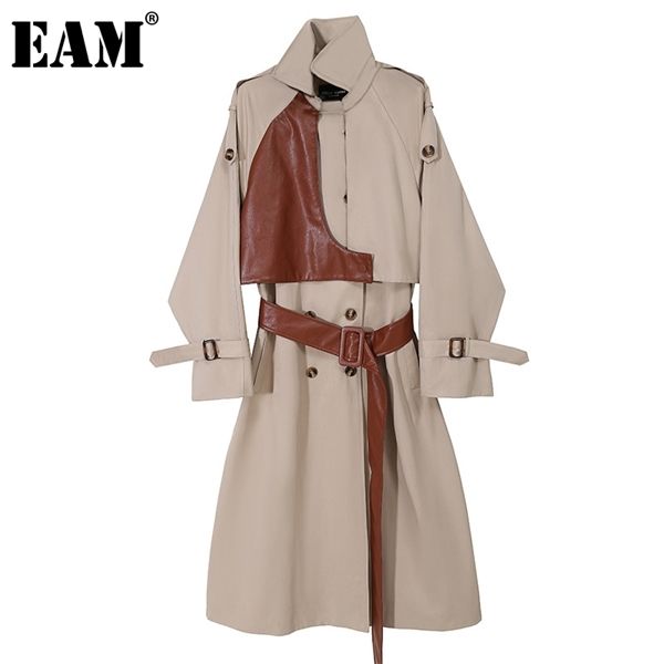

eam] women khaki pu leather long trench new lapel long sleeve loose fit windbreaker fashion tide spring autumn 2020 1dc684 1028, Tan;black