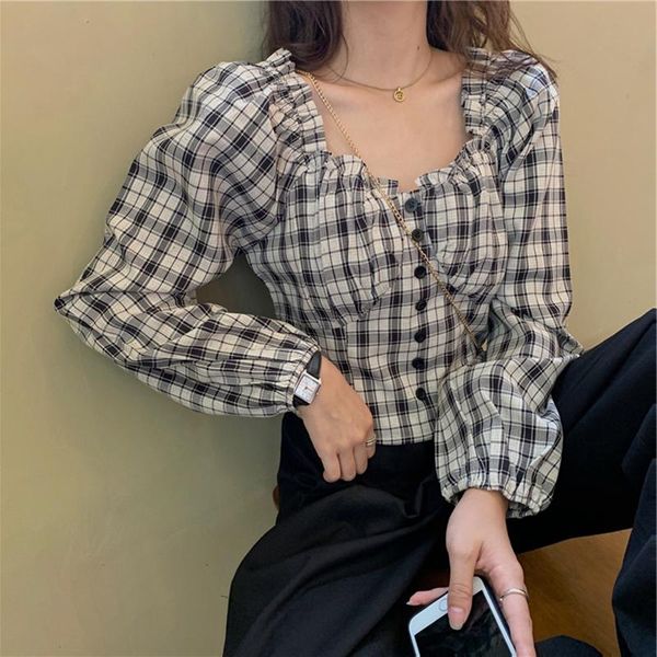 

plus size autumn women shirts long sleeve shirt retro lattice square collar slim short blouse chic kawaii blusas mujer black red, White