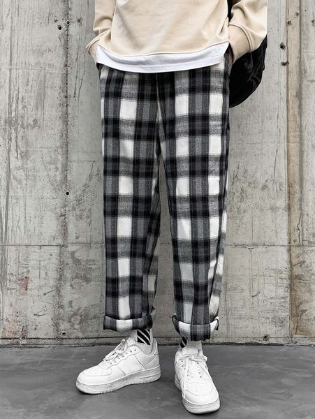 

men drawstring waist plaid pants s6rb#, Black