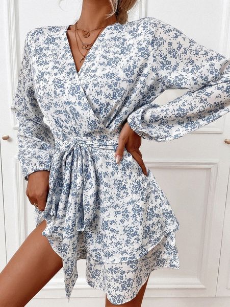 

ditsy floral wrap bishop sleeve belted jumpsuit z7fh#, White